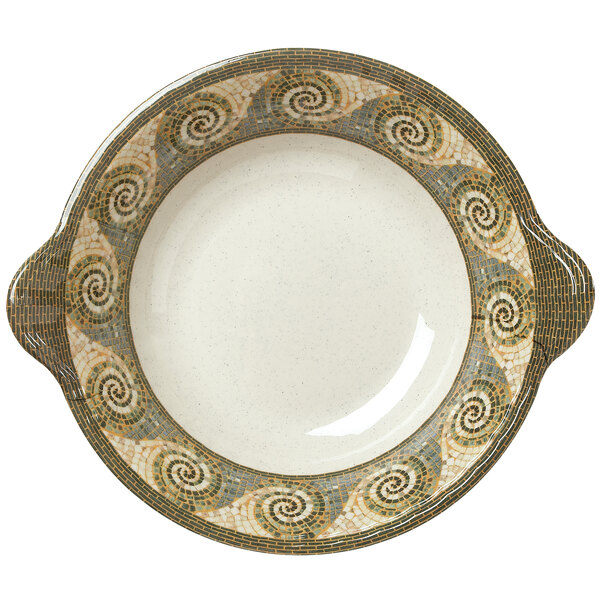 A white melamine bowl with a mosaic pattern on it.