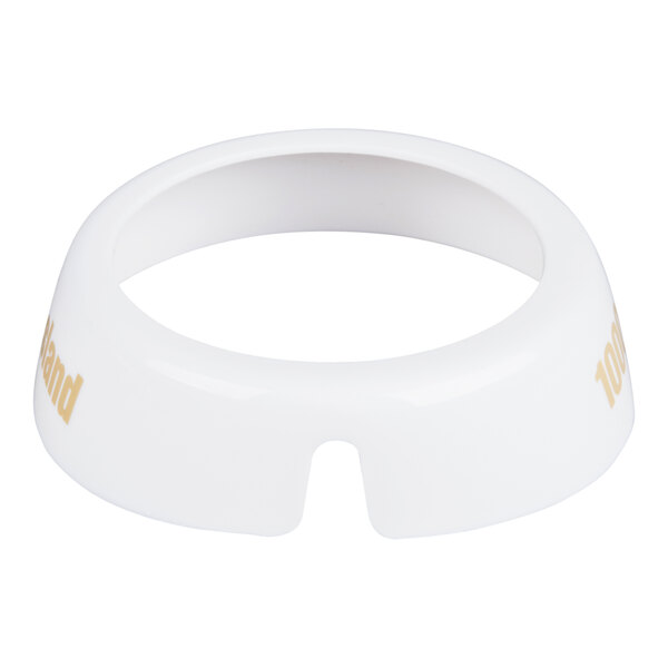 A white plastic salad dressing dispenser collar imprinted with beige lettering that reads '1000 Island.'