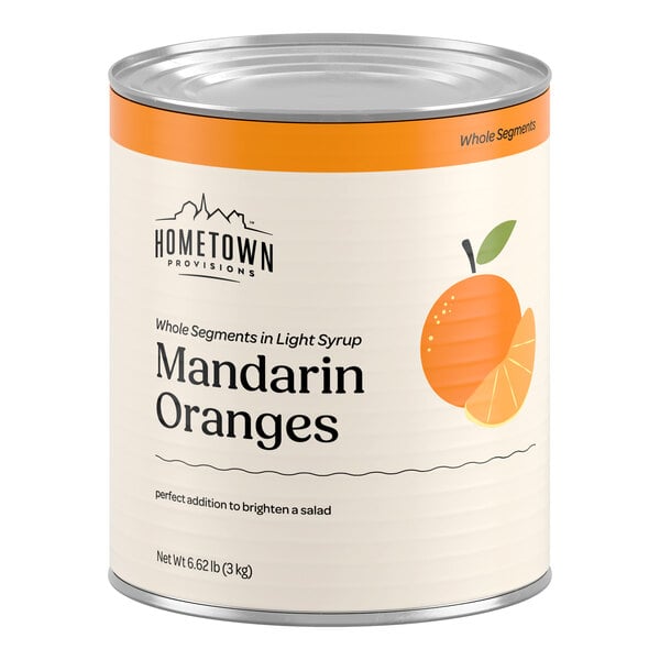 A large can with a label showing an illustration of a mandarin orange and text indicating it contains whole mandarin orange segments in light syrup.