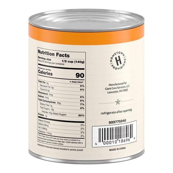 A large can with an orange rim, displaying nutrition facts, a barcode, and product information on a cream-colored label.