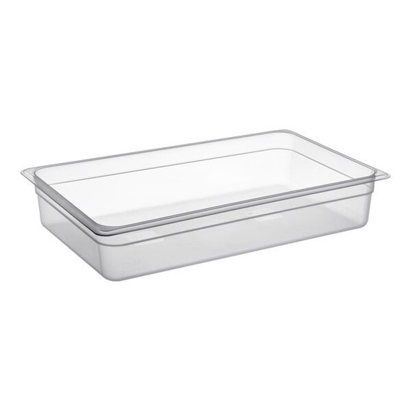 A Cambro translucent polypropylene food pan with a lid.