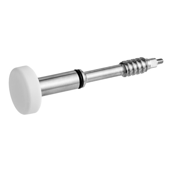 A metal rod-like component with a white circular end and threaded tip, likely a mechanical or plumbing part.