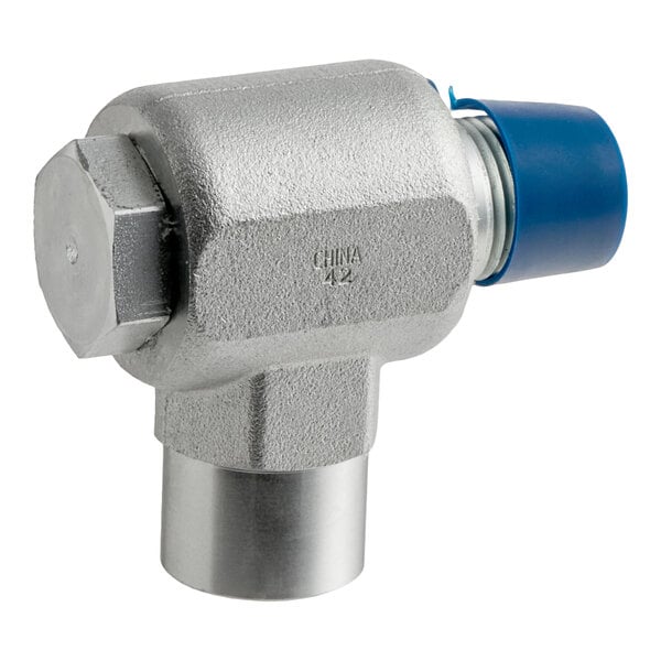 A metallic swivel joint with a hexagonal end and a blue plastic cap on one side.