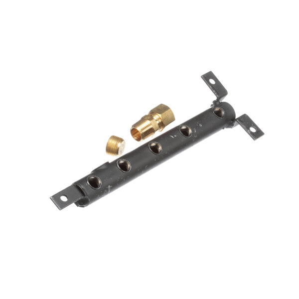 A black metal Groen burner inner manifold with brass fittings and screws.