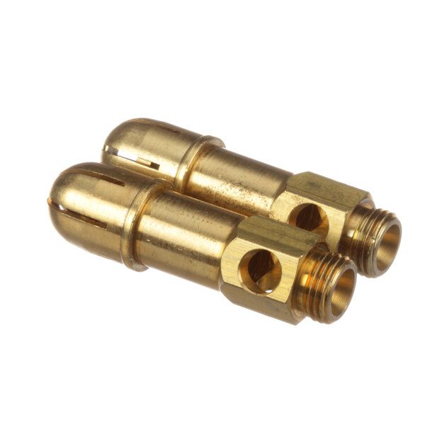 A close-up of two Groen burner jets with brass threaded connectors.