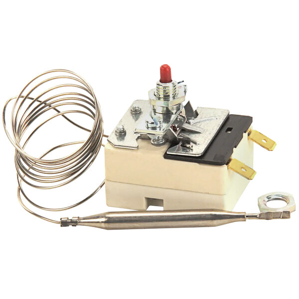 A Lincoln thermostat with a red switch and wires in a small white box.