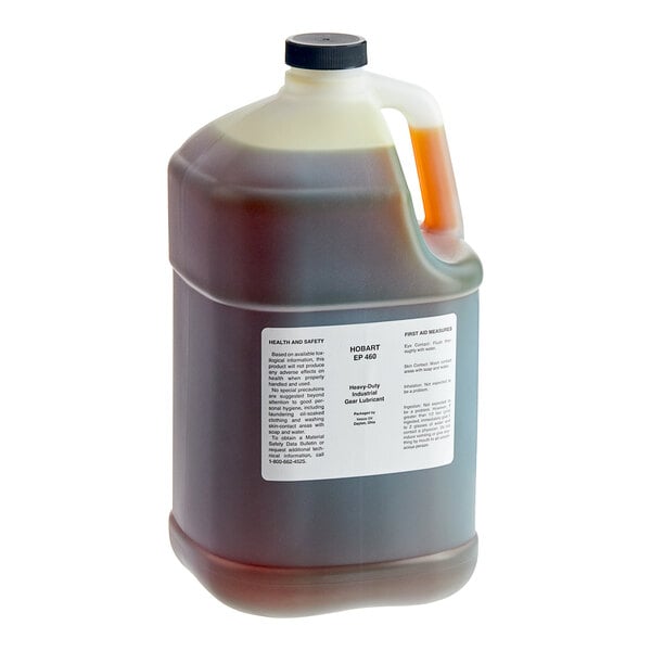 A large plastic jug of brown Hobart Oil with a label.