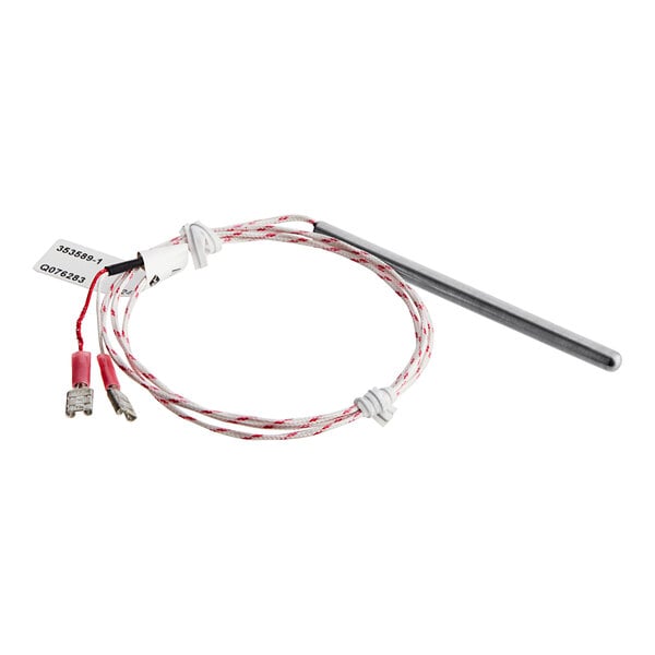 A Vulcan temperature probe with a metal rod and red and white connectors.