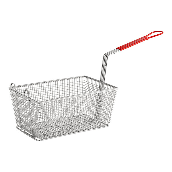 A Vulcan fryer basket with long handles and a red grip.