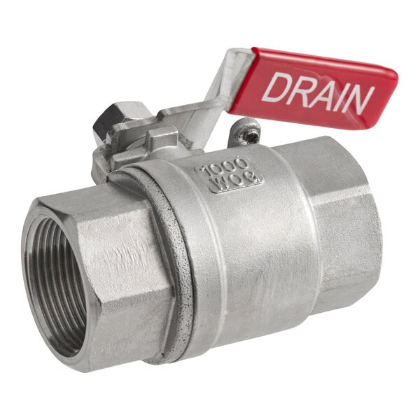 A metal ball valve with a red handle labeled 'DRAIN' and threaded ends.