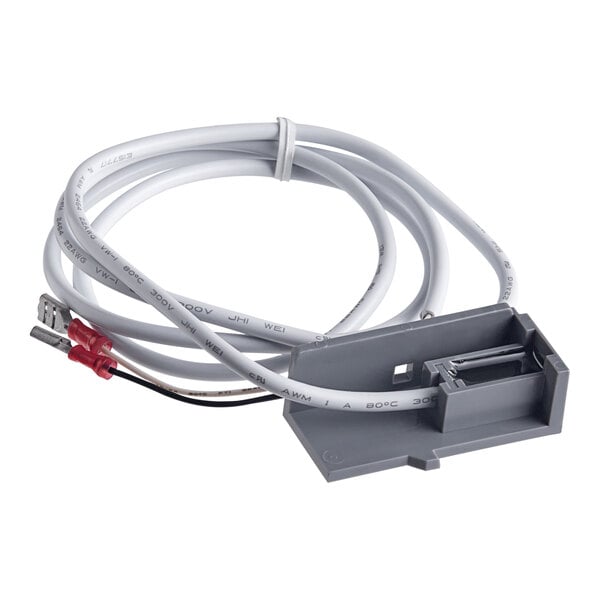 A grey cable with a white connector, red and black wires.