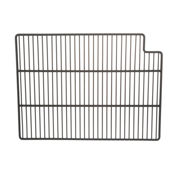 A black metal shelf with a grid pattern.