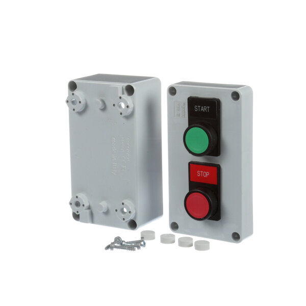 A white Insinger DE8-47 conveyor control box with two buttons and a switch.