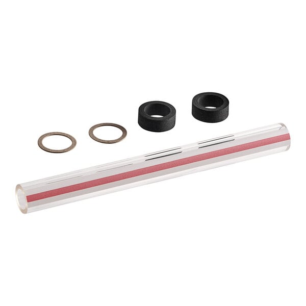 A Cleveland Boiler Base glass water gauge kit with clear plastic tube and rubber rings.