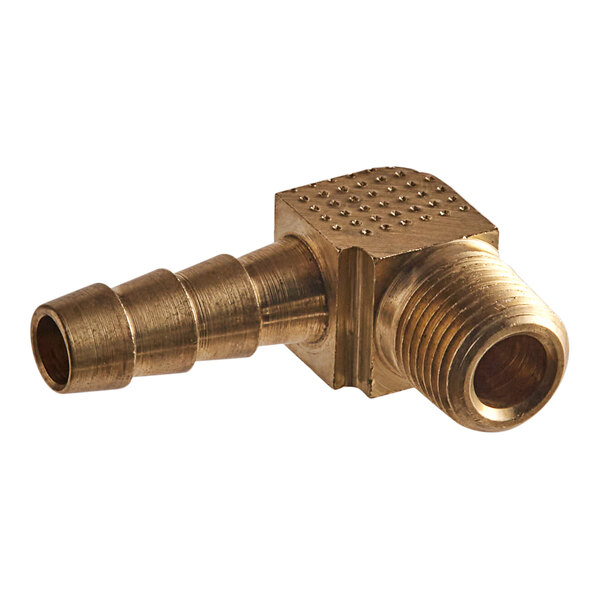 A close-up of a brass hose connector with threaded barbs.