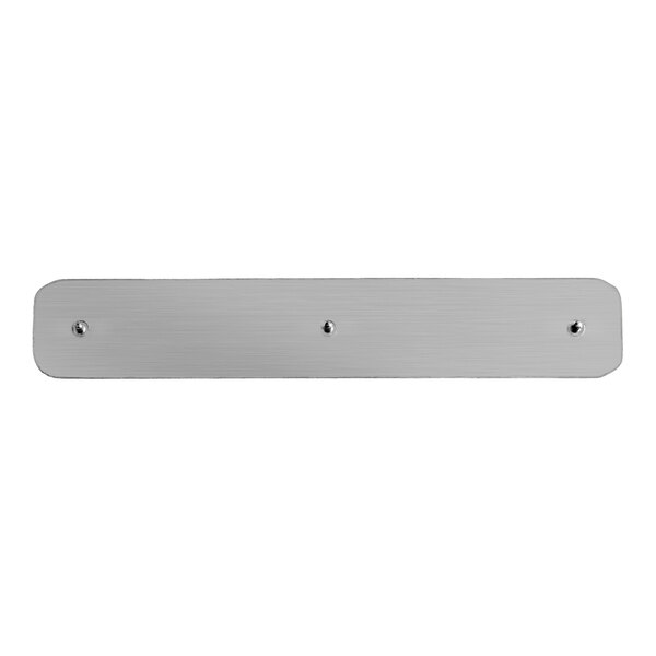 A rectangular metallic plate with rounded corners and three visible screws, mounted against a white background.