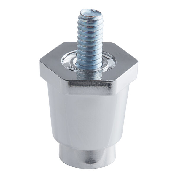 A silver hexagon-shaped bolt with a screw on a Vollrath chrome foot.