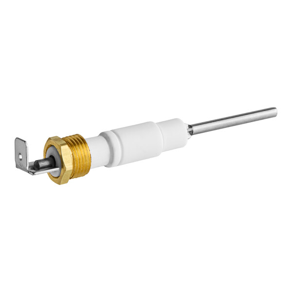 A metal and ceramic flame sensing probe with a brass threaded fitting.