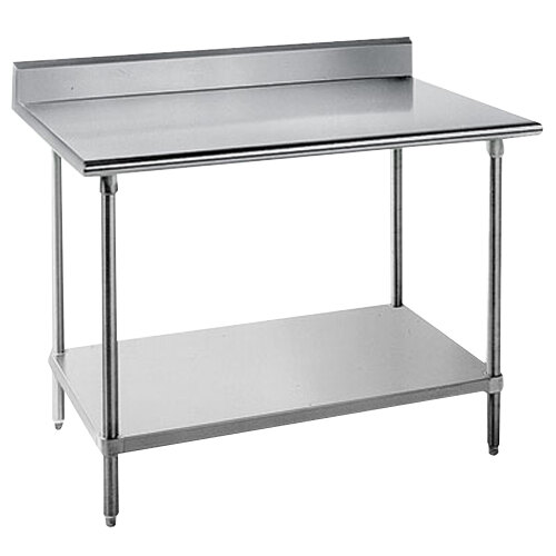 A stainless steel Advance Tabco work table with undershelf.