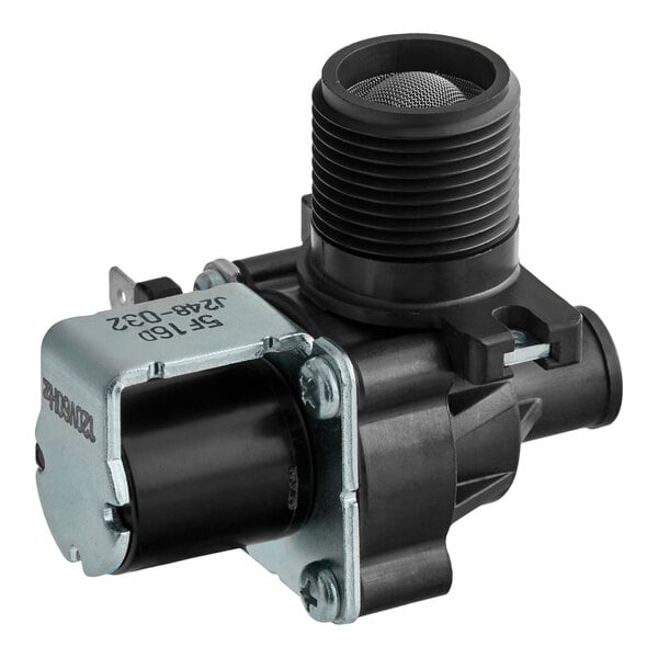 A black and metallic component with a cylindrical body, threaded top opening with a mesh screen, and side-mounted metal housing, likely a valve or pump part.