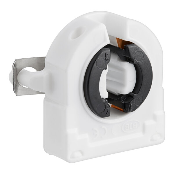 A white plastic Beverage-Air lamp holder with black rings.