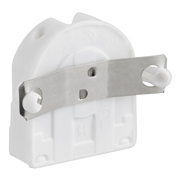 A white plastic Beverage-Air lamp holder with a metal strip.