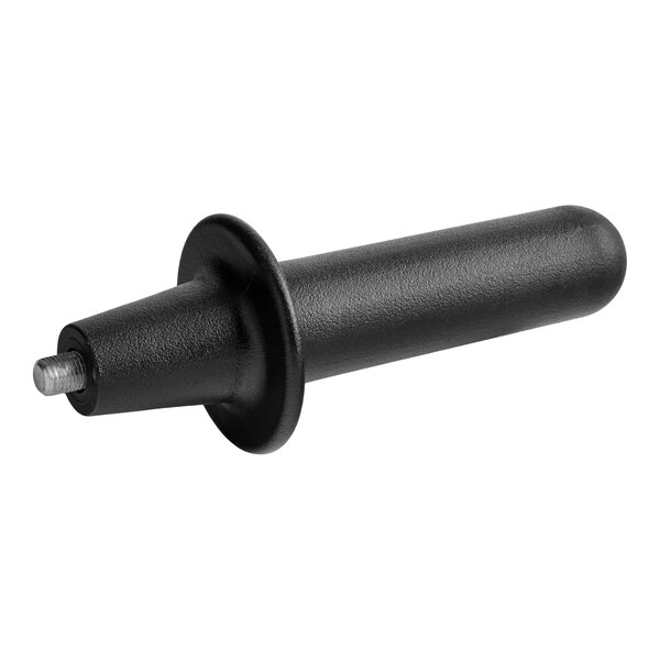 A black, cylindrical knob with a textured surface, a flared circular base, and a threaded metal insert at one end.