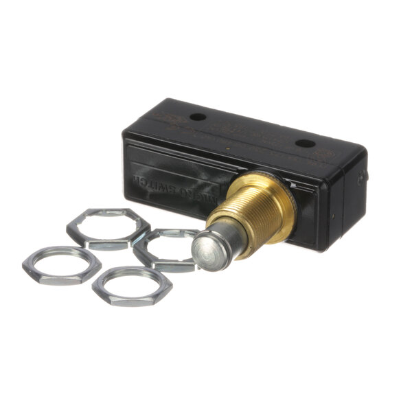 A black Moffat microswitch with gold and silver bolts and nuts.