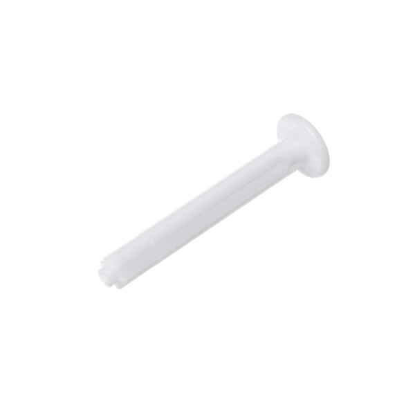 A white plastic screw with a round head.