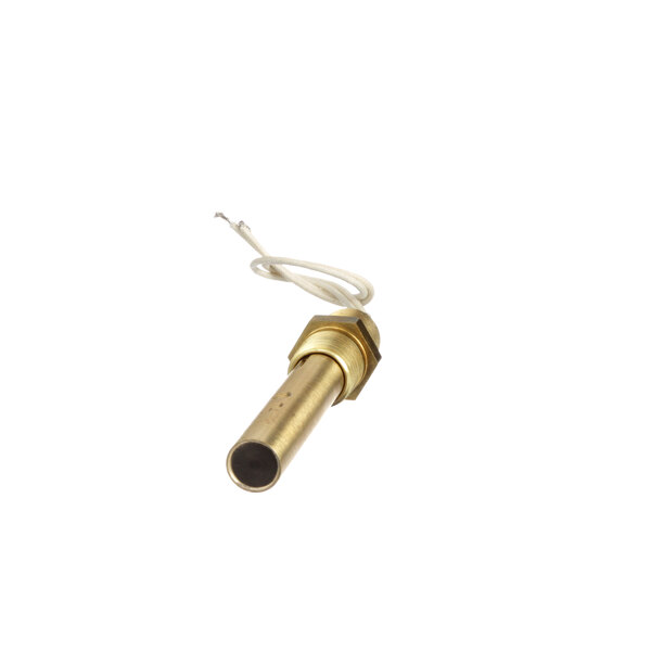 A close-up of a brass Stero thermostat with a white wire.