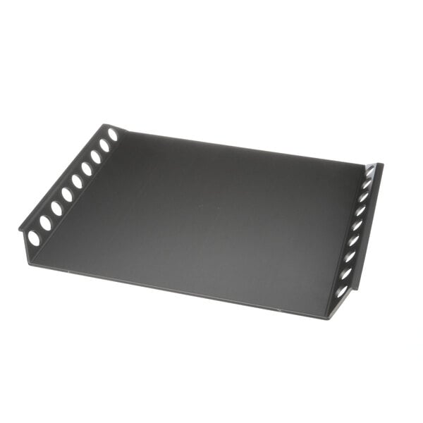 A black metal rectangular cookplate with holes.