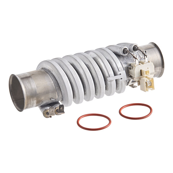 A metal heating element assembly with electrical connectors and two red O-rings, designed for use in commercial equipment.