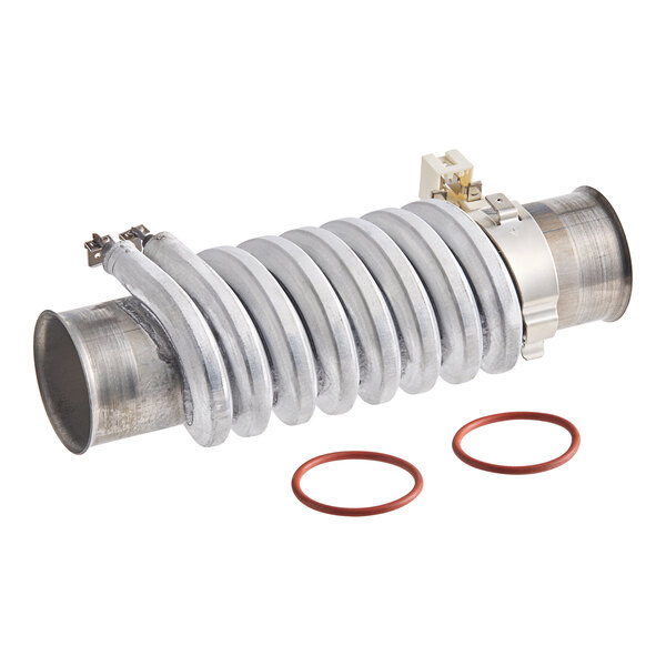 A metal heating element assembly with a coiled design and two red O-rings, used for commercial kitchen equipment.