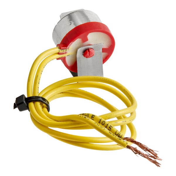 A small electronic component with a metal bracket, red and white plastic housing, and two yellow wires with exposed copper ends.