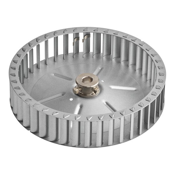 A metal blower wheel with multiple blades, designed for use in ventilation or HVAC systems.