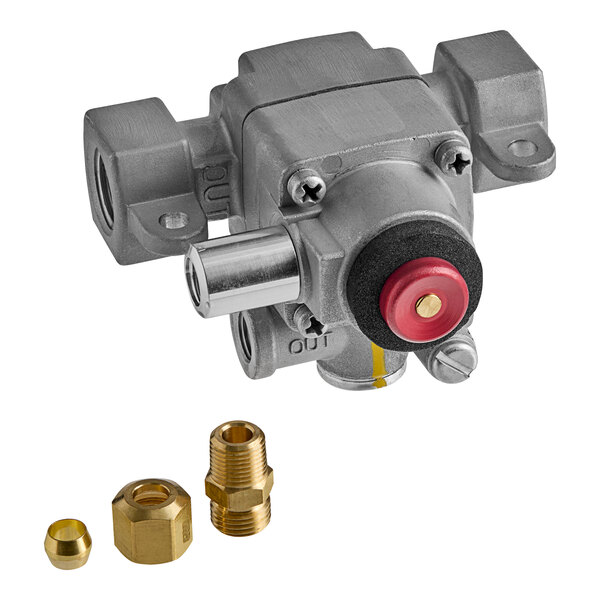A Vulcan griddle valve and connector with brass fittings and nuts.