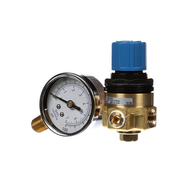 A Blodgett pressure regulator assembly with brass and blue pressure gauges.