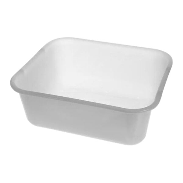 A white rectangular plastic container with a rim.