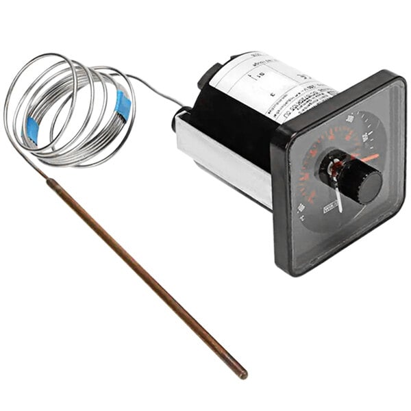 A Bakers Pride thermostat with a wire and a dial.