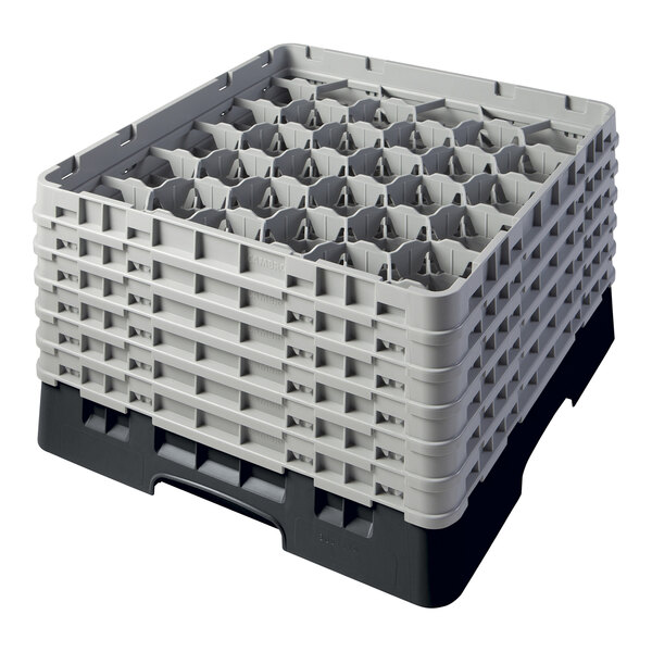 A black and gray Cambro glass rack with 30 compartments and 6 extenders for washing and storing glassware.