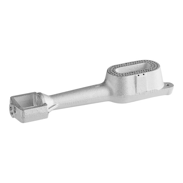 A silver metal Pitco burner with jumper ports and holes.