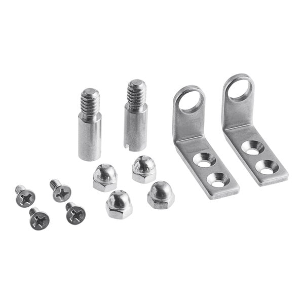 A group of metal parts including a ball and nut for a Hatco hinge kit.