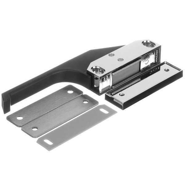 A black and silver metal Component Hardware magnetic latch with two metal plates.
