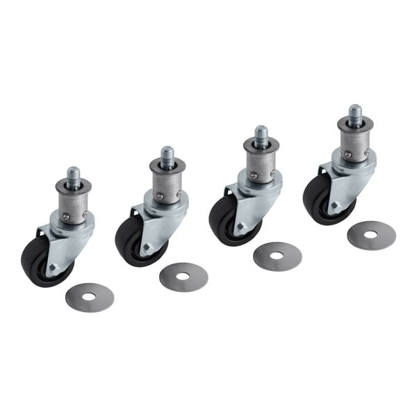 A package of four black US Range casters with rubber wheels.