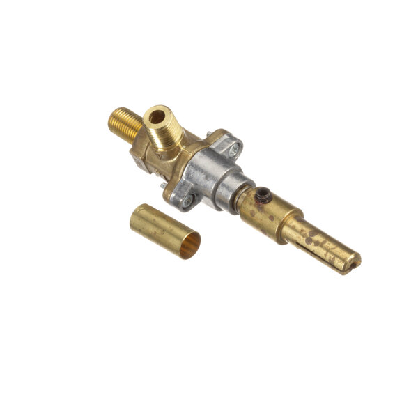 A brass and metal US Range gas valve with a tube.