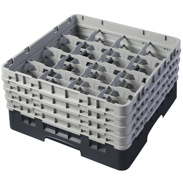 A black plastic Cambro glass rack with many empty compartments.