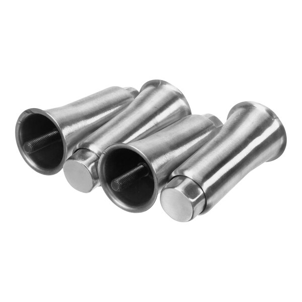 A set of three Traulsen stainless steel legs with holes on the side.