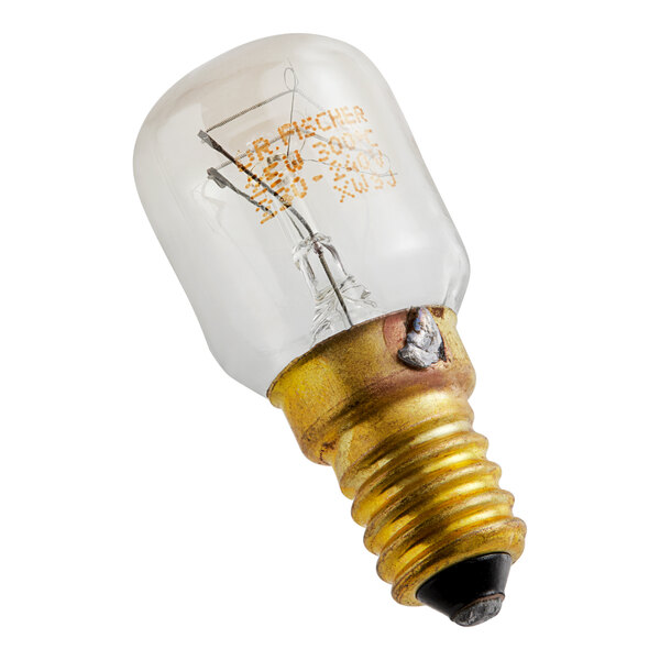 An Alto-Shaam LP-34206 light bulb with a gold base and wire