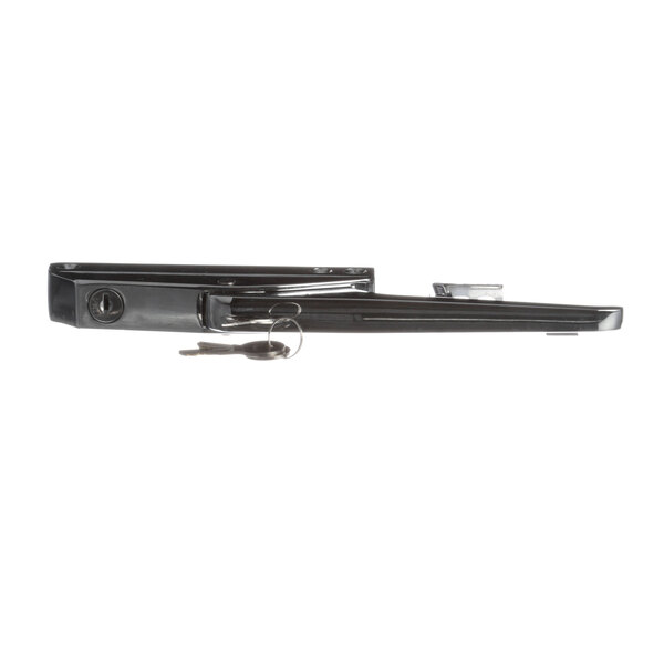 A black plastic latch for a food warming equipment with a key attached.