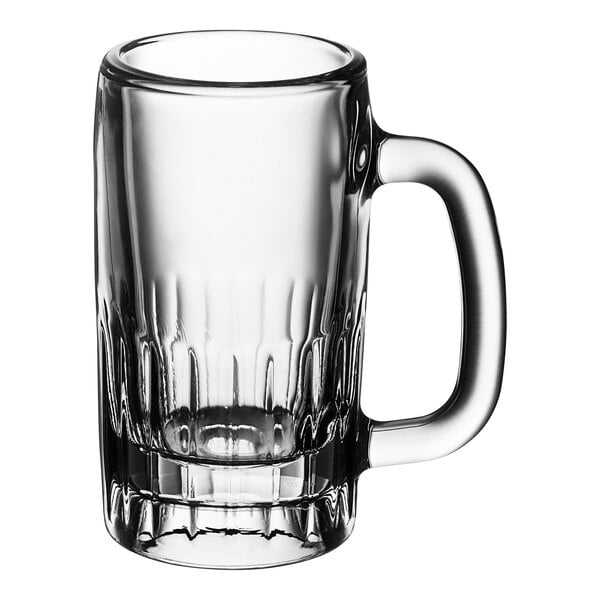 A case of 12 clear glass Libbey beer mugs with handles.